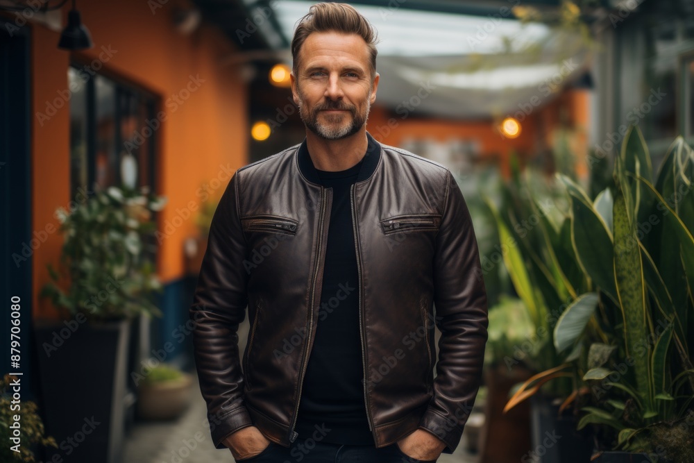 Portrait of a content man in his 40s wearing a trendy bomber jacket isolated on scandinavian-style interior background Portrait of a content man in his 40s wearing a trendy bomber jacket isolated on scandinavian-style interior background