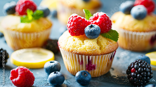 Scrumptious??????raspberry and blueberry muffins topped with fresh berries and mint leaves on a blue background