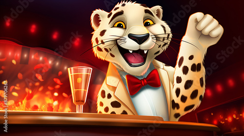 A cartoon illustration of a happy, anthropomorphic snow leopard in a tuxedo, raising a martini glass in a toast, with a fiery, red background.