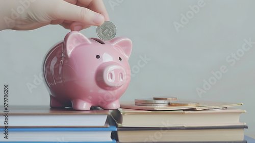 Wallpaper Mural Detailed shot of a hand putting a coin in a pink piggy bank on a pile of books, isolated on white Torontodigital.ca