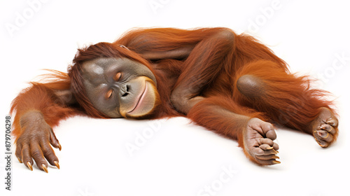 Funny orangutan sleeping on its back, isolated on white background photo