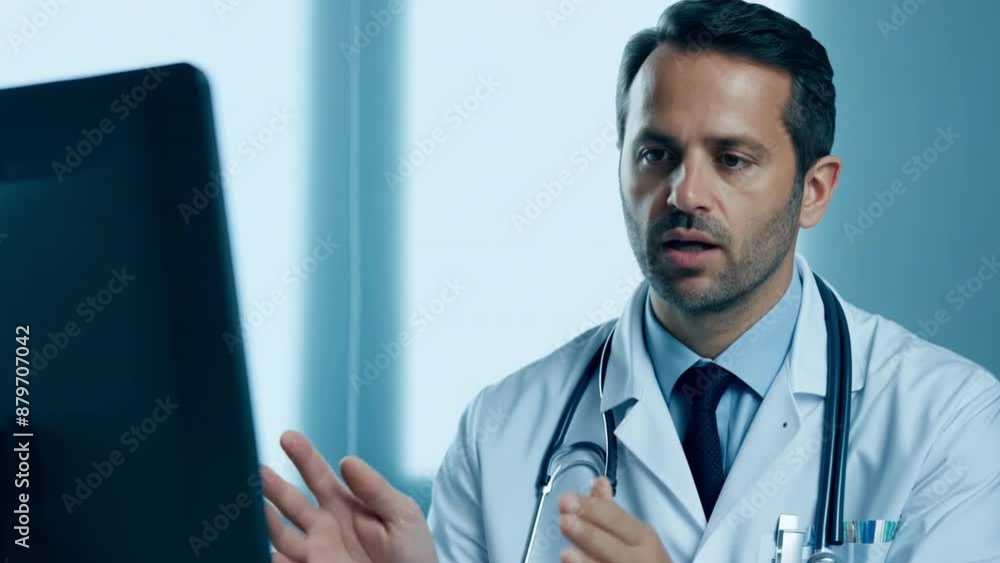 A sophisticated physician looks nice as they converse with an invisible patient. A sophisticated physician looks nice as they converse with an invisible patient.