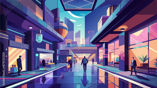 A man walks down a futuristic city street with neon lights and advertisements. Scene is futuristic and vibrant