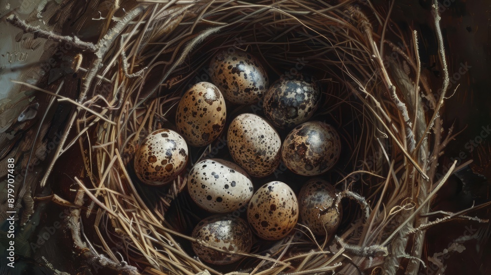 Detailed view of a swallow’s nest with small, speckled eggs Detailed view of a swallow’s nest with small, speckled eggs