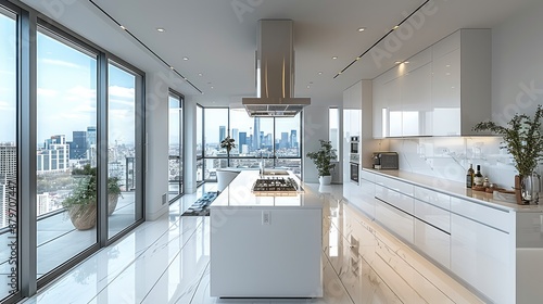 Modern white kitchen with stainless steel appliances, featuring an island in the center of the room, A sleek hood hangs above the stove top, adding to its minimalist design. Generative AI.