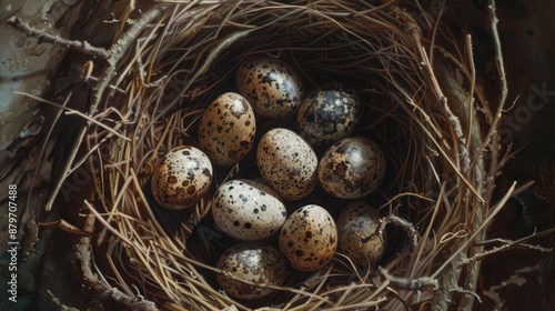 Detailed view of a swallow’s nest with small, speckled eggs