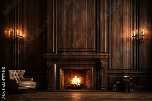 A dark wood paneled room with a fireplace, armchair, and candles???????????????????