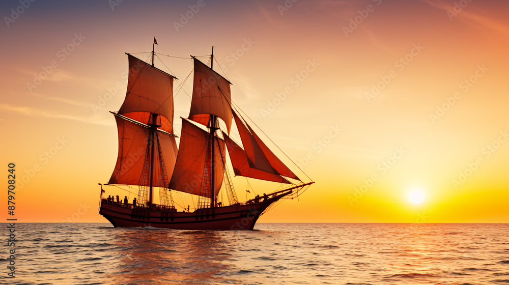 Fototapeta premium Vintage sailboat with orange sails glides over calm sea at sunset