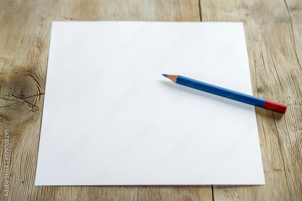 A pencil is on a piece of white paper. The pencil is blue and red A pencil is on a piece of white paper. The pencil is blue and red