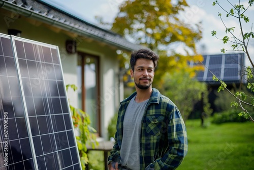 A man stands in front of a solar panel. He is smiling and he is proud of the solar panel