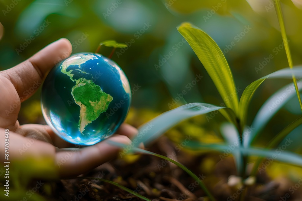 A hand holding a globe made of glass. The globe is green and blue and is surrounded by green plants A hand holding a globe made of glass. The globe is green and blue and is surrounded by green plants