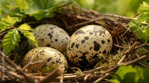Intimate glimpse into a thrush's nest with spotted eggs
