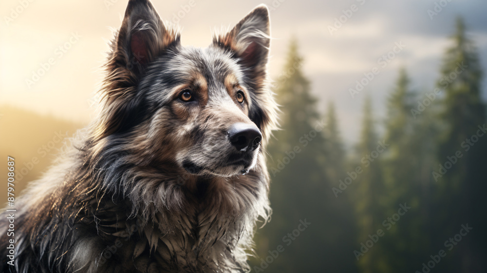 Fototapeta premium Faithful canine companion stands guard in the great outdoors, a loyal friend amidst the beauty of nature's landscape.