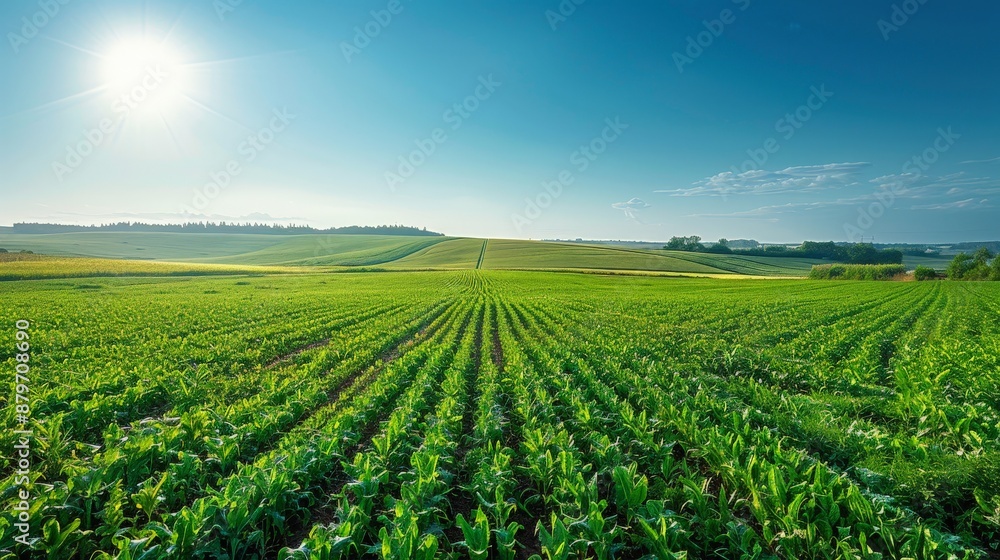 A vast agricultural landscape, fields of crops stretching to the horizon under a clear blue sky A vast agricultural landscape, fields of crops stretching to the horizon under a clear blue sky