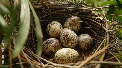 Close-up of an ibis's nest with large, mottled eggs