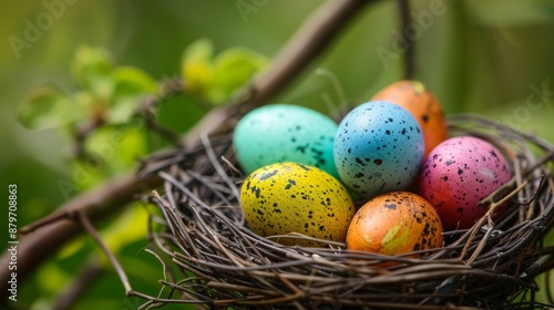 Detailed view of a warbler’s nest with tiny, brightly colored eggs