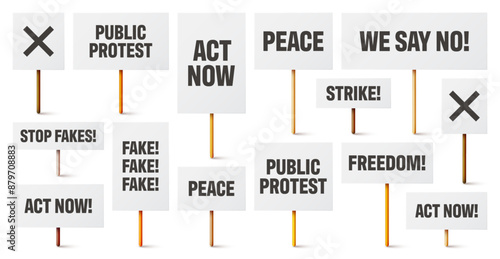 Blank white protest signs with text slogans on wooden holder. Various realistic vector demonstration banners. Strike action cardboard placard mockup. Social advertisement. Vector illustration
