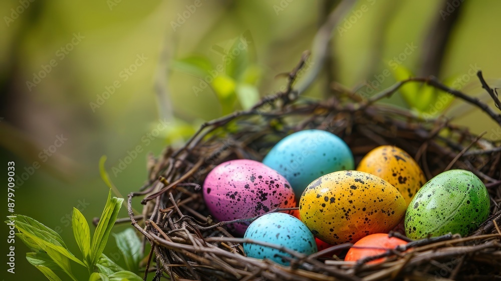 Obraz premium Warbler nest showcasing tiny, brightly colored eggs in a natural setting