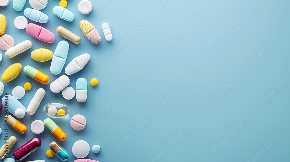 Colorful pills and capsules on bright blue background Colorful pills and capsules on bright blue background