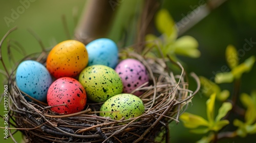 Intimate glimpse into a warbler's nest with tiny, brightly colored eggs