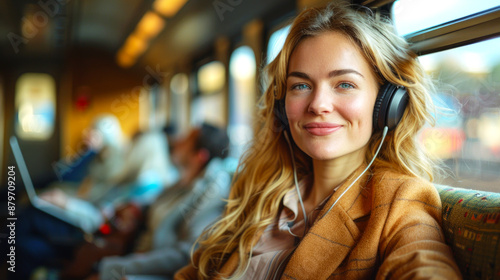 woman wearing headphones on the train and playing on a laptop by the train window