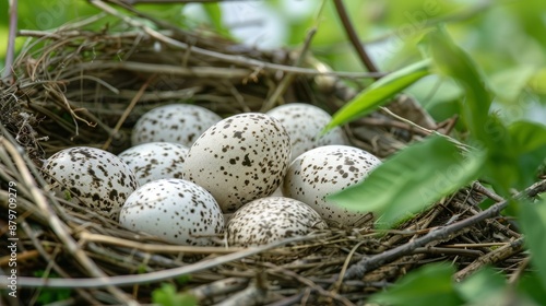 Close-up of an osprey's nest with large, pale eggs