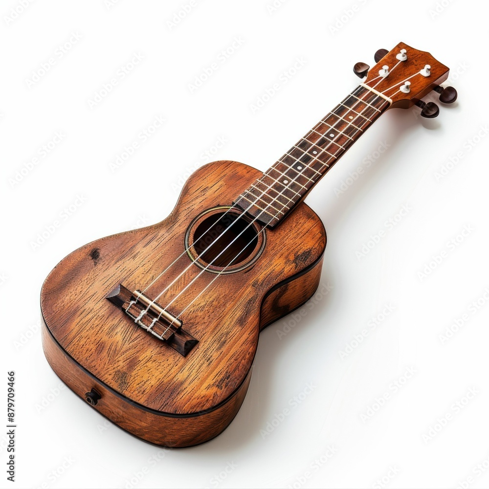 Fototapeta premium Rustic Wooden Ukulele on White Background with Detailed Texture and Strings