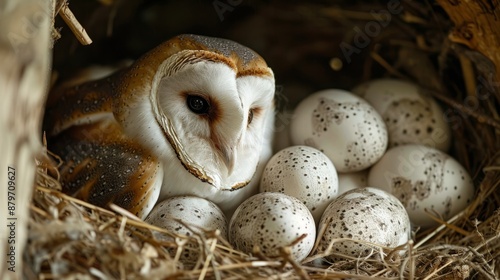Barn owl nest featuring pristine white eggs in a natural forest setting