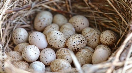 Close-up view, small pale eggs in barn swallow nest, surrounded by natural twigs