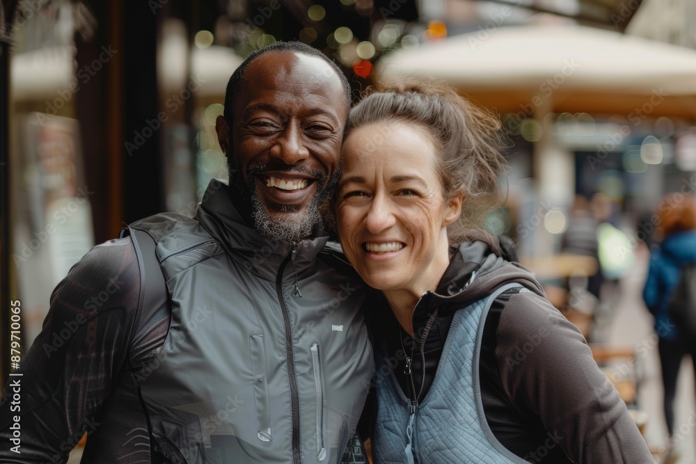 Portrait of a grinning multicultural couple in their 30s wearing a lightweight running vest in front of bustling city cafe Portrait of a grinning multicultural couple in their 30s wearing a lightweight running vest in front of bustling city cafe