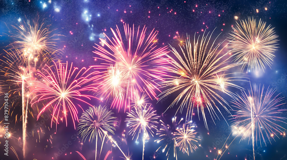 Naklejka premium Wonderful vivid fireworks exploding on background of black night sky 