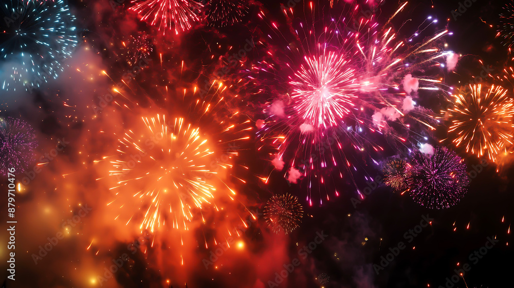 Wonderful vivid fireworks exploding on background of black night sky Wonderful vivid fireworks exploding on background of black night sky