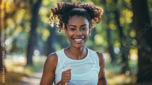 Happy African american active  female running in public park smiling and looking at camera, Healthy life style concept