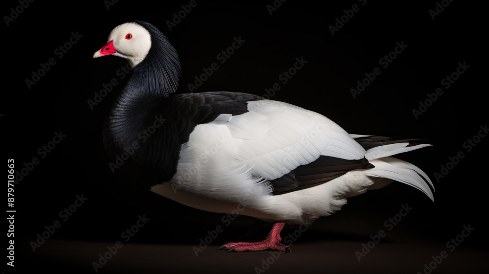 Fototapeta premium A majestic black and white goose with a red beak stands tall against a dark background, embodying elegance and strength.