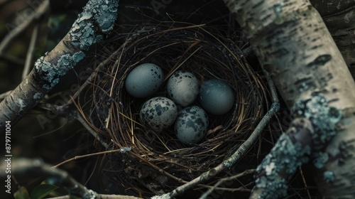 Blackbird nest in detail, small dark eggs visible, amidst natural surroundings