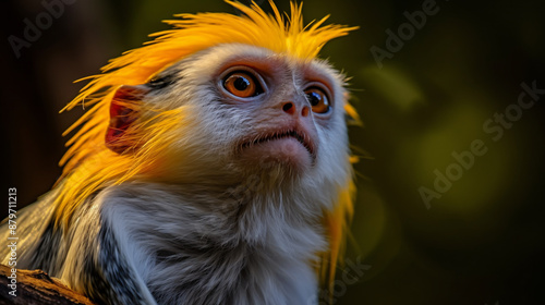 Adorable monkey with bright yellow hair looking up curiously in the jungle