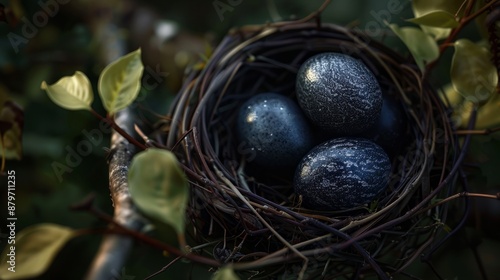 Detailed capture, nestled blackbird eggs, glossy finish, twig embrace, serene backdrop