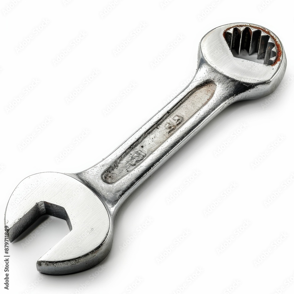 Close-up of a Shiny Metal Wrench Isolated on White Background - Industrial Tool for Repair and Maintenance Close-up of a Shiny Metal Wrench Isolated on White Background - Industrial Tool for Repair and Maintenance