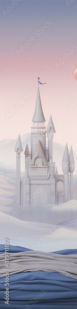 Fototapeta premium Fairytale castle with a hint of mystery and a touch of whimsy, rendered in soft pastel colors and featuring a unique 3D paper-like texture.
