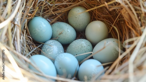 A natural close-up: Bluebird’s nest with pale blue eggs