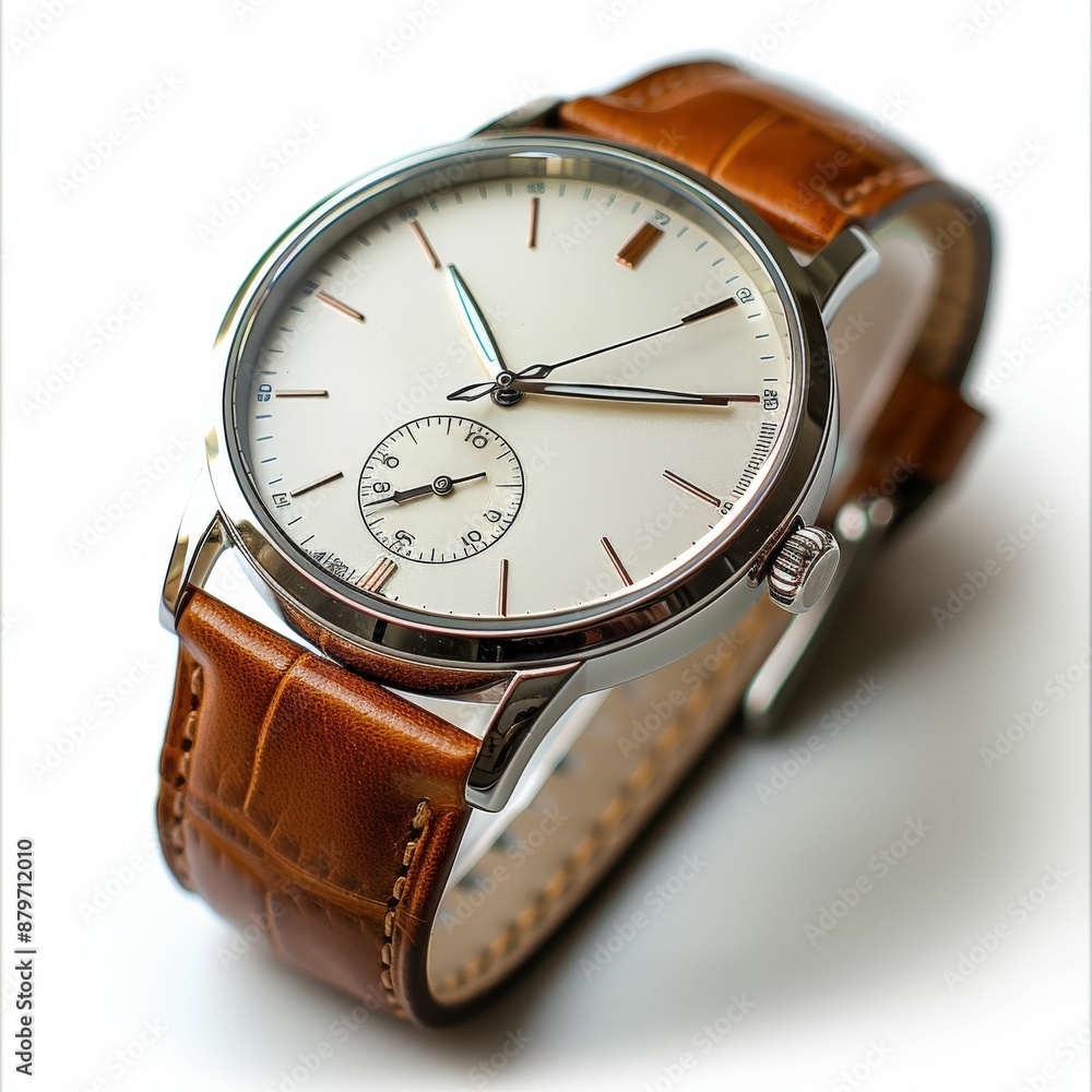 Elegant Silver Wristwatch with Brown Leather Strap on White Background - Close-Up of Classic Timepiece Elegant Silver Wristwatch with Brown Leather Strap on White Background - Close-Up of Classic Timepiece