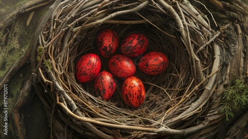 Close-up of a cardinal's nest adorned with vibrant red eggs