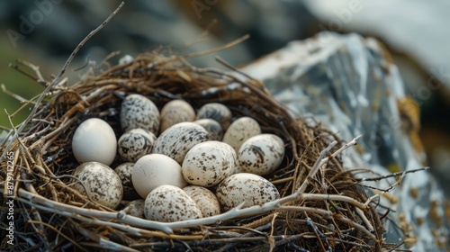Close-up of a cormorant's nest containing medium-sized, pale eggs