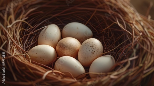 Dove nest showcasing cream-colored, smooth eggs in a natural setting