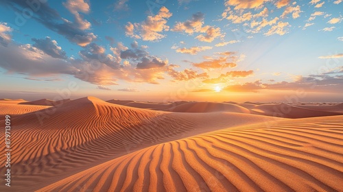 A vast desert landscape with rolling dunes, the sun setting on the horizon, creating dramatic shadows