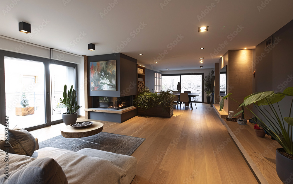 Fototapeta premium **Modern and minimalist living room interior with natural elements and warm lighting inviting relaxation and comfort in neutral colors with wooden and stone accents and large windows.**