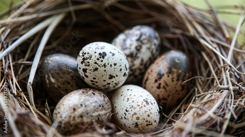 Close-up of a cormorant's nest containing medium-sized, pale eggs