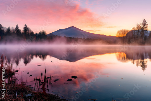 Dawn's Gentle Light: A Serene Lakescape with Morning Mist and Winter Trees in the Gold-Lit Sky Reflecting on Water Surface