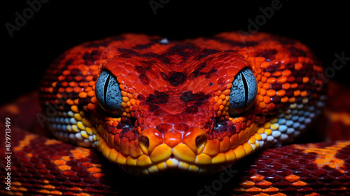 A red-scaled snake with blue eyes is coiled and ready to strike, its body is covered in vibrant red, orange, and yellow scales.