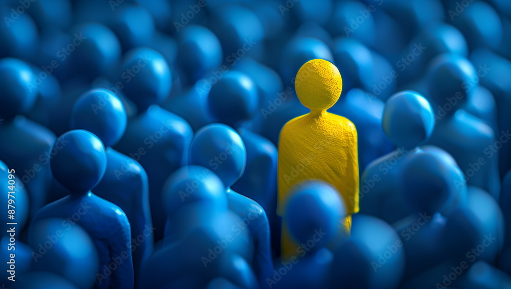 Fototapeta premium Stand Out from the Crowd - Yellow Figure Amidst Blue Group - Unique and Different, Individuality Concept